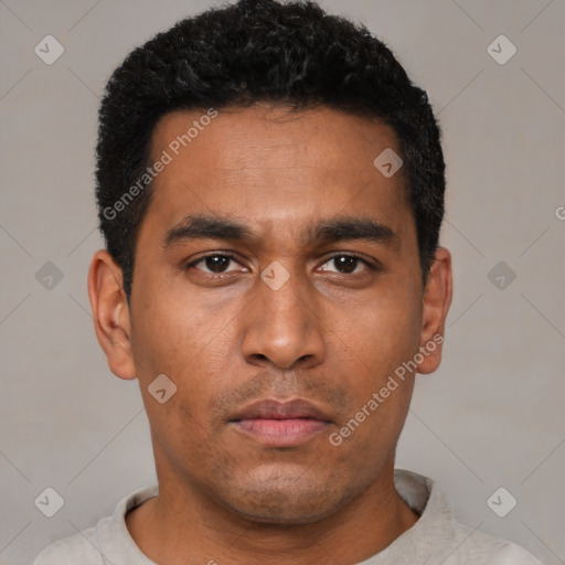 Neutral latino young-adult male with short  black hair and brown eyes