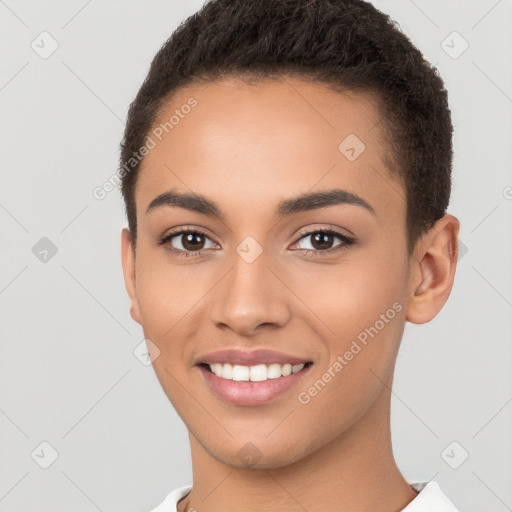 Joyful white young-adult female with short  brown hair and brown eyes