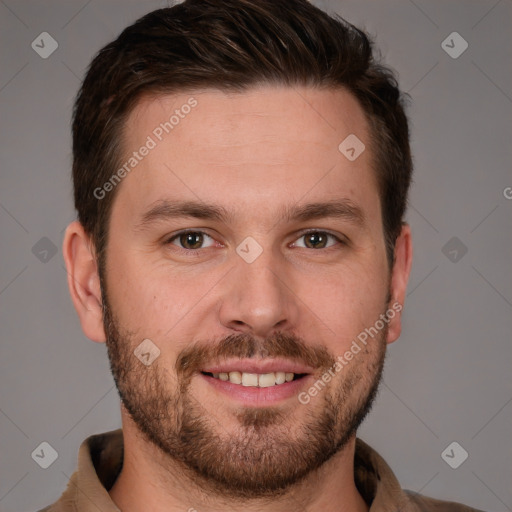 Joyful white young-adult male with short  brown hair and grey eyes