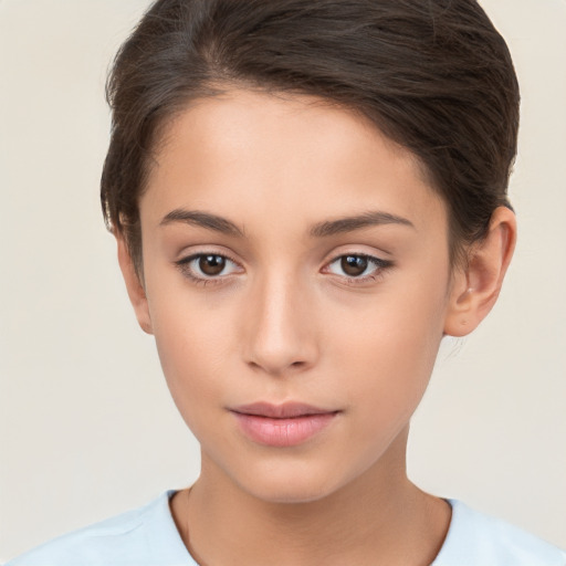 Neutral white young-adult female with short  brown hair and brown eyes