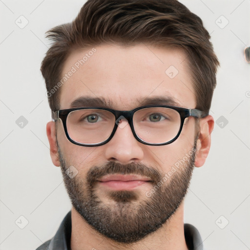 Neutral white young-adult male with short  brown hair and grey eyes