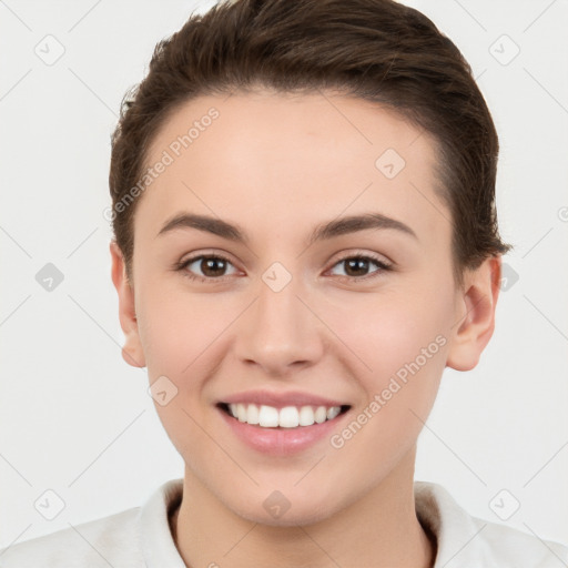 Joyful white young-adult female with short  brown hair and brown eyes