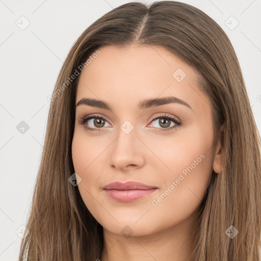 Neutral white young-adult female with long  brown hair and brown eyes