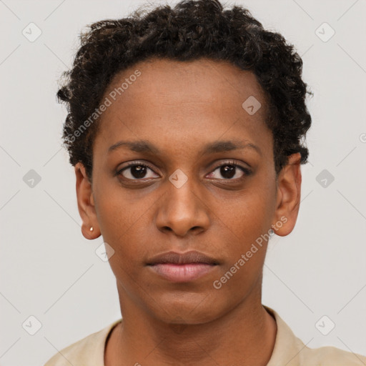 Neutral black young-adult female with short  brown hair and brown eyes