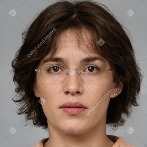 Neutral white young-adult female with medium  brown hair and brown eyes