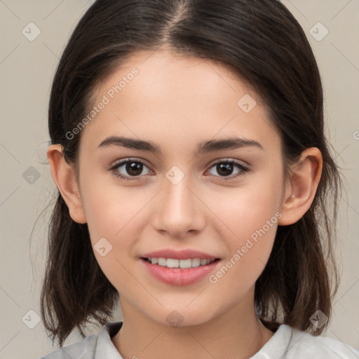 Joyful white young-adult female with medium  brown hair and brown eyes