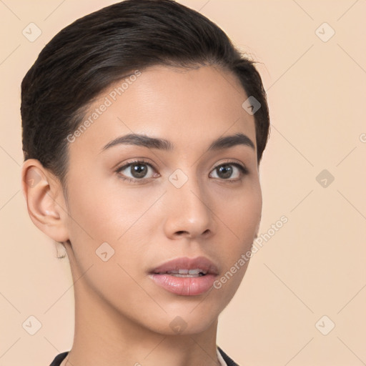 Neutral white young-adult female with medium  brown hair and brown eyes