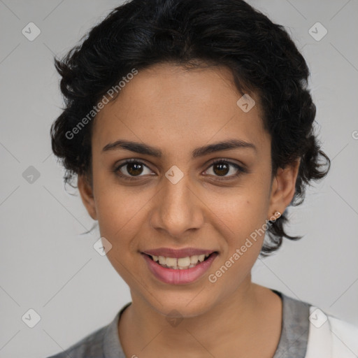 Joyful latino young-adult female with short  brown hair and brown eyes