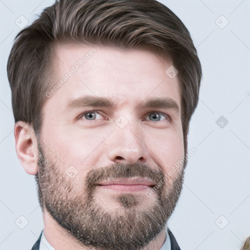 Neutral white young-adult male with short  brown hair and grey eyes