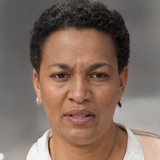 Joyful latino adult female with short  brown hair and brown eyes