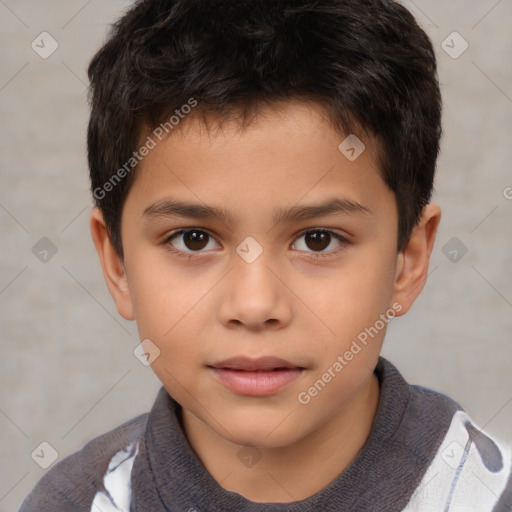 Joyful white child male with short  brown hair and brown eyes