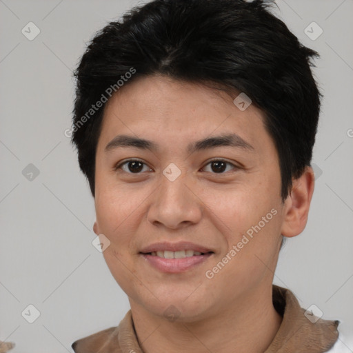 Joyful asian young-adult female with short  brown hair and brown eyes