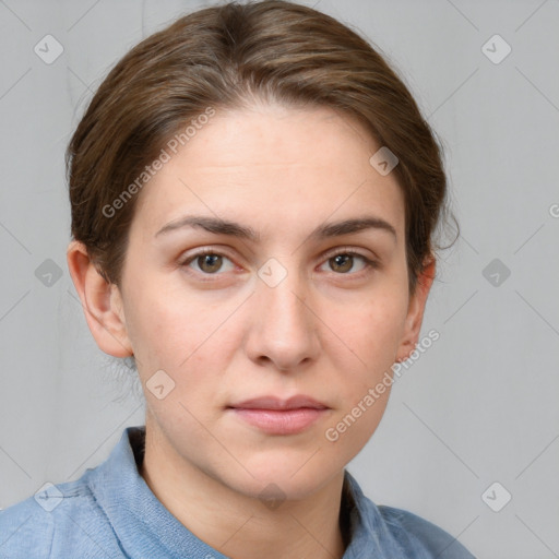 Neutral white young-adult female with medium  brown hair and grey eyes