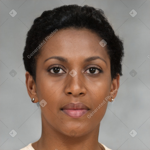 Neutral black young-adult female with short  brown hair and brown eyes