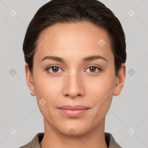 Joyful white young-adult female with short  brown hair and brown eyes