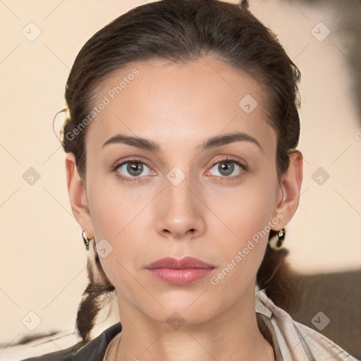 Neutral white young-adult female with short  brown hair and brown eyes