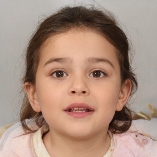 Joyful white child female with medium  brown hair and brown eyes