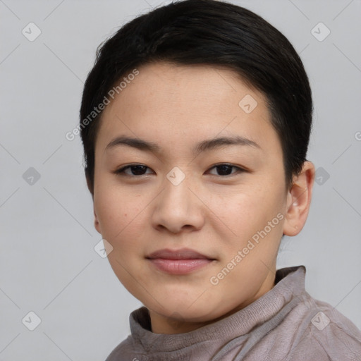 Joyful asian young-adult female with short  black hair and brown eyes