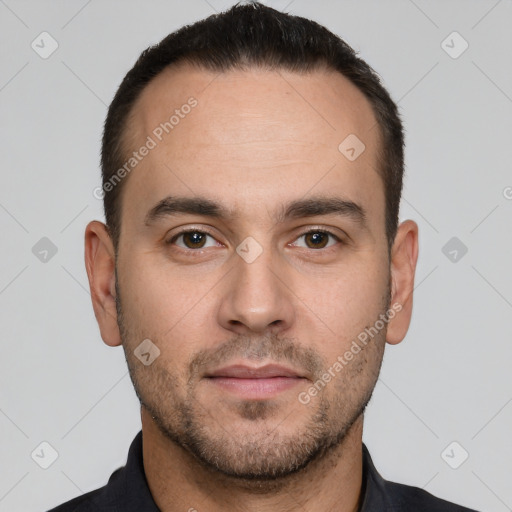 Neutral white young-adult male with short  brown hair and brown eyes