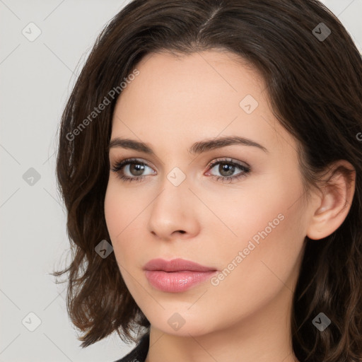 Neutral white young-adult female with medium  brown hair and brown eyes