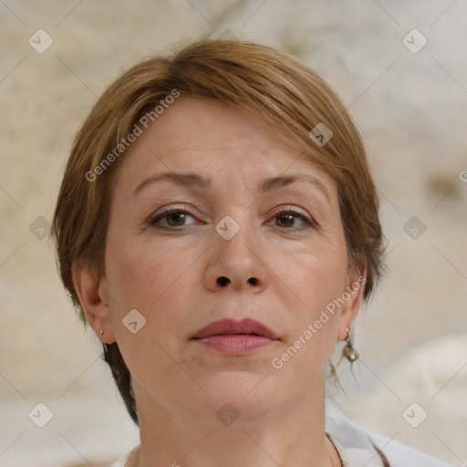 Neutral white adult female with medium  brown hair and brown eyes