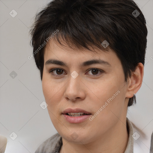 Joyful white young-adult female with medium  brown hair and brown eyes