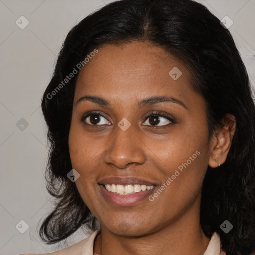 Joyful black young-adult female with medium  black hair and brown eyes