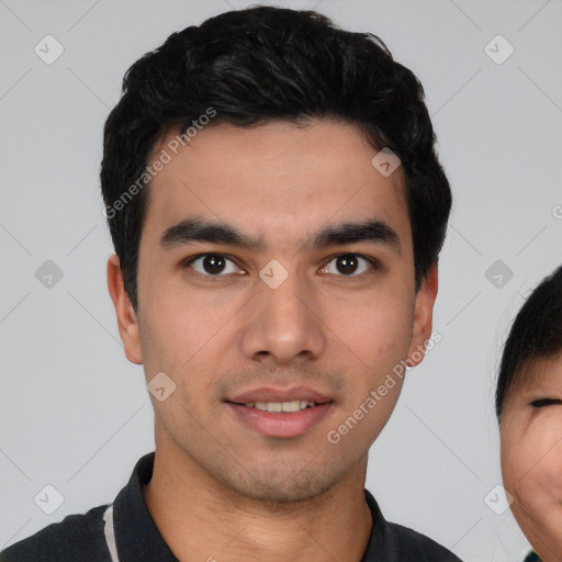 Neutral white young-adult male with short  black hair and brown eyes