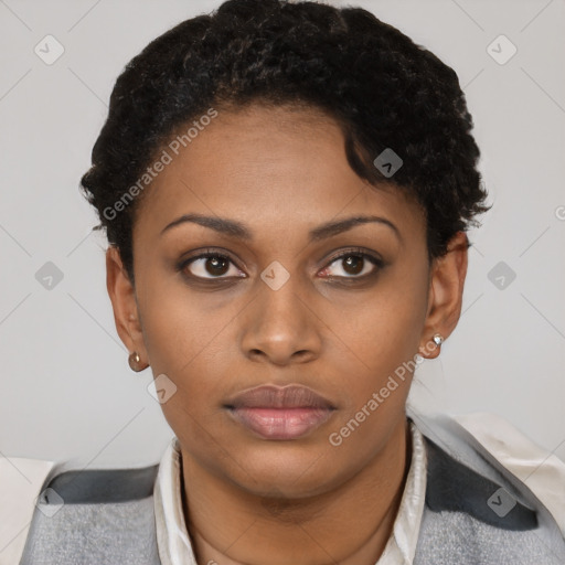 Neutral black young-adult female with short  brown hair and brown eyes