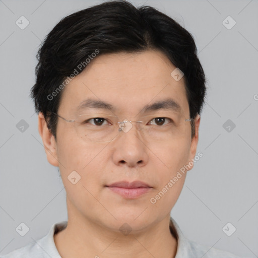 Neutral asian young-adult male with short  black hair and brown eyes