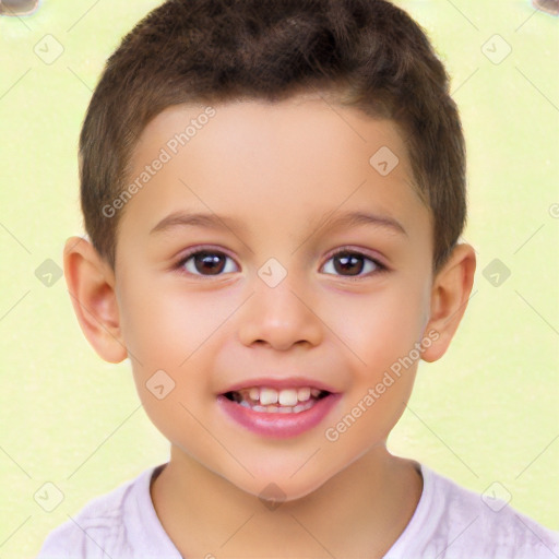 Joyful white child male with short  brown hair and brown eyes