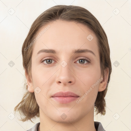 Neutral white young-adult female with medium  brown hair and grey eyes