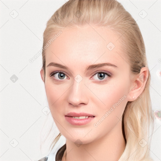 Joyful white young-adult female with medium  brown hair and blue eyes