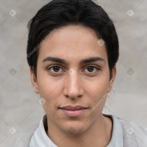 Neutral white young-adult female with short  brown hair and brown eyes