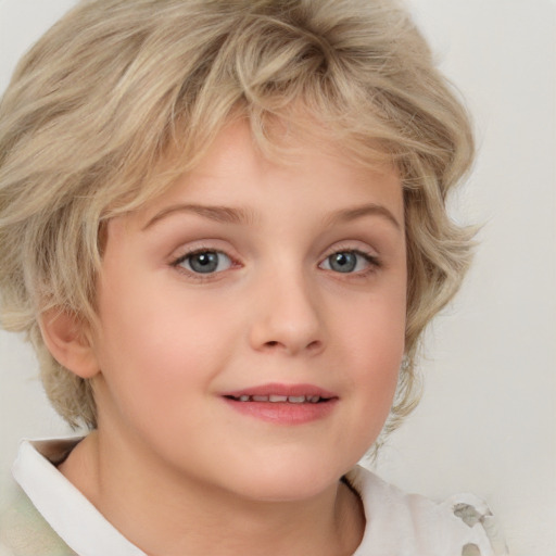 Joyful white child female with medium  blond hair and blue eyes