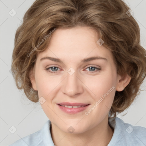 Joyful white young-adult female with medium  brown hair and blue eyes