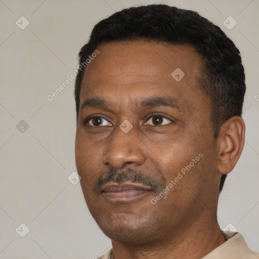 Neutral black adult male with short  black hair and brown eyes