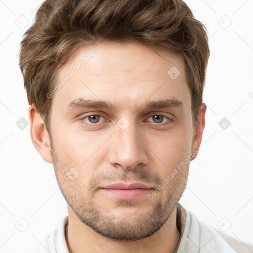 Neutral white young-adult male with short  brown hair and grey eyes