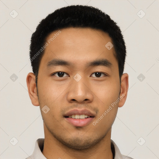 Neutral asian young-adult male with short  black hair and brown eyes