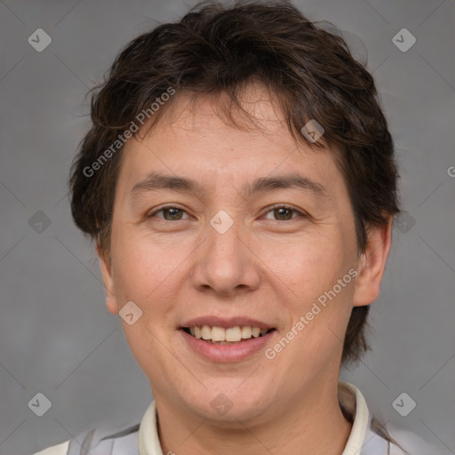 Joyful white adult female with short  brown hair and brown eyes