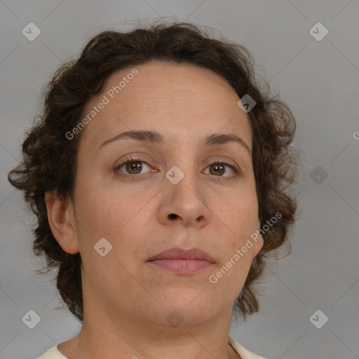 Neutral white adult female with medium  brown hair and brown eyes