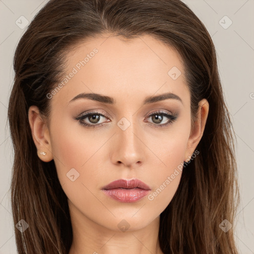 Neutral white young-adult female with long  brown hair and brown eyes