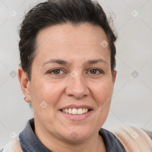 Joyful white adult female with short  brown hair and brown eyes