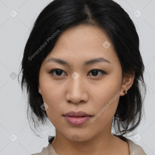 Neutral asian young-adult female with medium  black hair and brown eyes