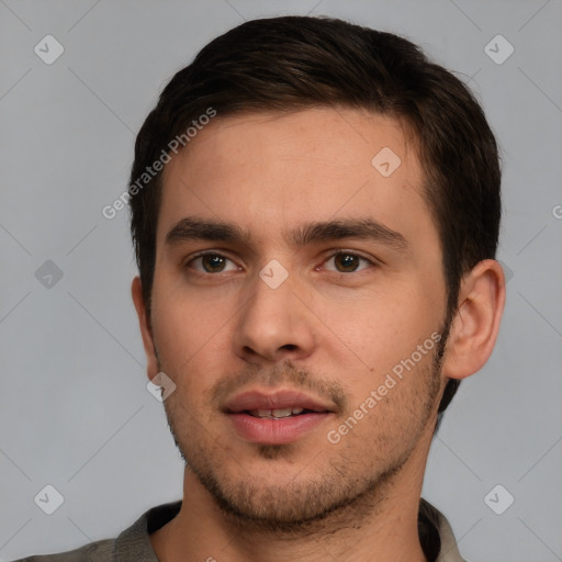 Neutral white young-adult male with short  brown hair and brown eyes