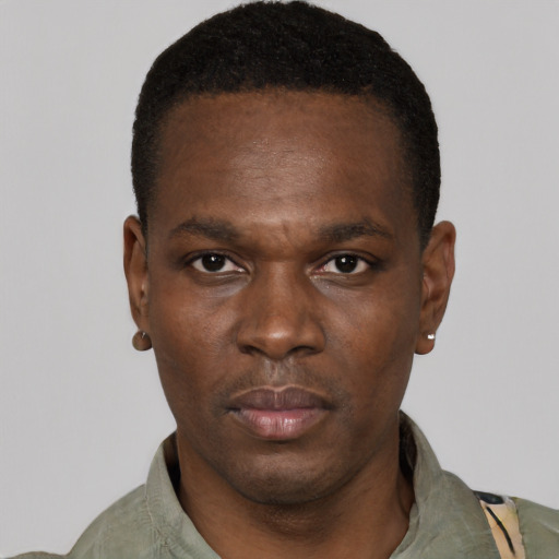 Neutral black young-adult male with short  black hair and brown eyes