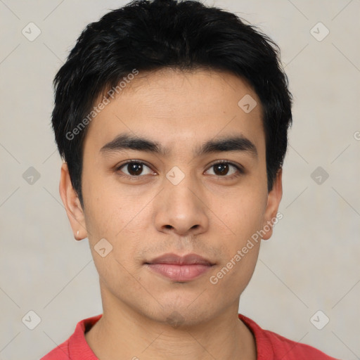 Neutral asian young-adult male with short  black hair and brown eyes