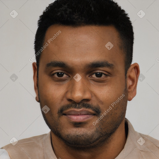 Neutral black young-adult male with short  black hair and brown eyes