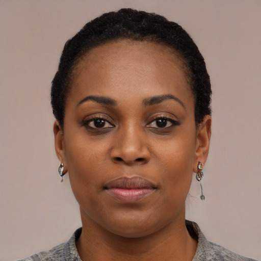 Neutral black young-adult female with short  black hair and brown eyes