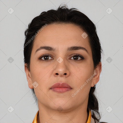 Neutral white young-adult female with medium  brown hair and brown eyes